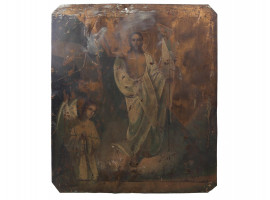 AN ANTIQUE RUSSIAN ORTHODOX ICON ON TIN METAL