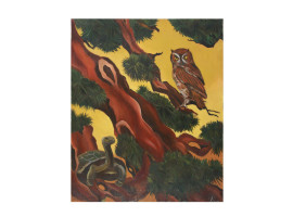 AN ANTIQUE OIL PAINTING SCENE OWL TURTLE PINE TREE