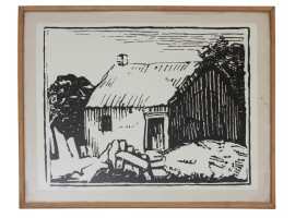 VINTAGE BLACK WHITE WOODCUT ON PAPER HOUSE SIGNED