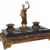 VINTAGE BRONZE & MARBLE INKWELL SET WITH FIGURINE PIC-0