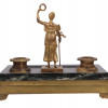 VINTAGE BRONZE & MARBLE INKWELL SET WITH FIGURINE PIC-1