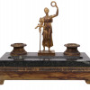 VINTAGE BRONZE & MARBLE INKWELL SET WITH FIGURINE PIC-2