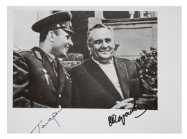 A SOVIET SIGNED PHOTOGRAPH OF KOROLEV AND GAGARIN