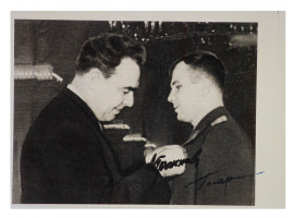 A SOVIET SIGNED PHOTO OF GAGARIN AND BREZHNEV