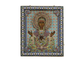 A RUSSIAN SILVER AND ENAMEL ICON OF MOTHER OF GOD