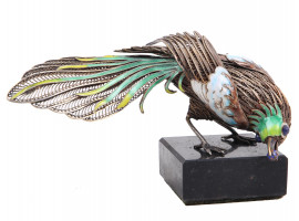 A RUSSIAN CANNETILLE ENAMEL SILVER BIRD FIGURINE