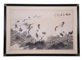 A VINTAGE CHINESE PAINTING CRANE BIRDS LONGEVITY