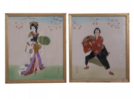 PAIR OF JAPANESE SILK PAINTINGS SIGNED AND FRAMED