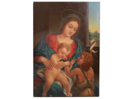 AN OIL PAINTING ON WOOD PANEL MADONNA AND CHILD