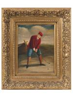 AN ANTIQUE SIGNED OIL PAINTING OF THE GOLFIST