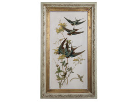 AN ANTIQUE OIL PAINTING OF SPRING SWALLOWS