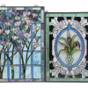 PAIR OF STAINED GLASS WINDOW PANELS FLOWERS TREES PIC-0