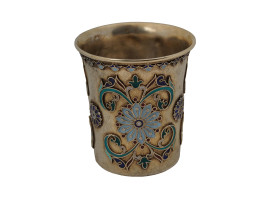 A RUSSIAN GILT SILVER CLOISONNE ENAMEL VODKA CUP