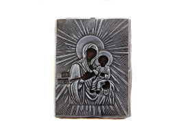 AN ANTIQUE RUSSIAN TRAVEL ICON WITH SILVER OKLAD