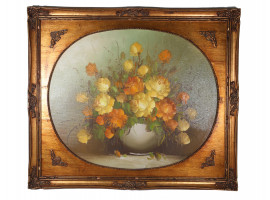 AN ANTIQUE OIL ON CANVAS FLORAL PAINTING