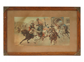 AN ANTIQUE BERBER CAVALRY COLOR LITHOGRAPH