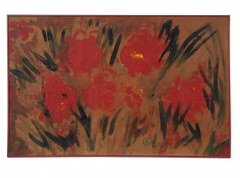 ABSTRACT OIL PAINTING RED FLOWER SIGNED BY GORAN