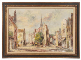 CONTEMPORARY MEDIEVAL VILLAGE OIL PAINTING