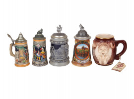 FIVE VINTAGE GERMAN AND UKRAINIAN BEER STEINS