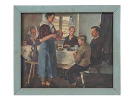 FAMILY DINNER MID CENTURY OIL PAINTING SIGNED