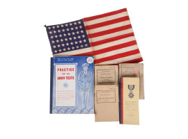 AMERICAN VINTAGE MILITARY WWII HANDBOOKS AND FLAG