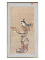 ANTIQUE JAPANESE WOODBLOCK DANCER WITH FAN