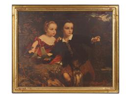 VINTAGE PRINT ON BOARD DOUBLE CHILDREN PORTRAIT