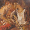 MID CENTURY OIL PAINTING COUPLE GUITAR SIGNED PIC-1