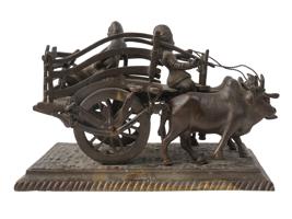 ANTIQUE INDIAN BRONZE STATUE WAGON PULLED BY OXEN