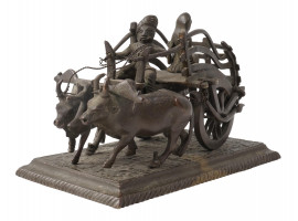 ANTIQUE INDIAN BRONZE STATUE WAGON PULLED BY OXEN