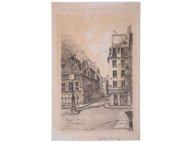 FRENCH PEN AND INK PAINTING SIGNED BY THE ARTIST