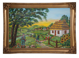 OIL PAINTING UKRAINIAN VILLAGE LANDSCAPE SIGNED