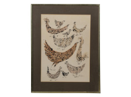 MID CENTURY 1968 LITHOGRAPH CHICKEN BIRDS SIGNED