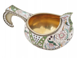 RUSSIAN GILT SILVER CLOISONNE ENAMEL KOVSH