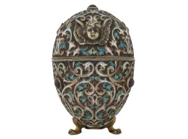 RUSSIAN SILVER CLOISONNE ENAMEL EGG WITH A STAND