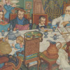 MID CENTURY JUDAICA PRINT FAMILIY DINNER BY SZYK PIC-1