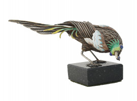RUSSIAN SILVER AND ENAMEL BIRD ON A MARBLE STAND