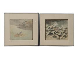 PAIR ANTIQUE JAPANESE WATERCOLOR PAINTING ON SILK