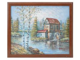 LANDSCAPE OIL PAINTING MILL ON RIVER SIGNED JOYCE