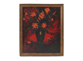STILL LIFE IMPASTO PAINTING RED FLOWERS SIGNED