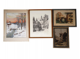 VINTAGE CITYSCAPE PAINTING AND LITHOGRAPHS SIGNED