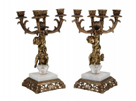 ANTIQUE CORNELL BRASS CANDELABRAS WITH CHERUB ANGELS