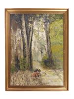 OIL PAINTING GIRL IN THE WOODS SIGNED PETER SANS