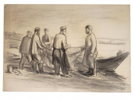 RUSSIAN CHARCOAL DRAWING FISHERMEN BY SOLOMON BOIM