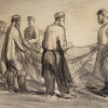 RUSSIAN CHARCOAL DRAWING FISHERMEN BY SOLOMON BOIM PIC-2