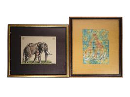 TWO FRAMED DRAWINGS ELEPHANT AND GIRAFFES SIGNED