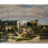 OIL ON CANVAS PAINTING GREEN LANDSCAPE WITH COWS PIC-0