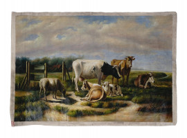 OIL ON CANVAS PAINTING GREEN LANDSCAPE WITH COWS