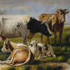 OIL ON CANVAS PAINTING GREEN LANDSCAPE WITH COWS PIC-1