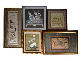 FRAMED ORIENTAL DECORATIVE PRINTS AND EMBROIDERY